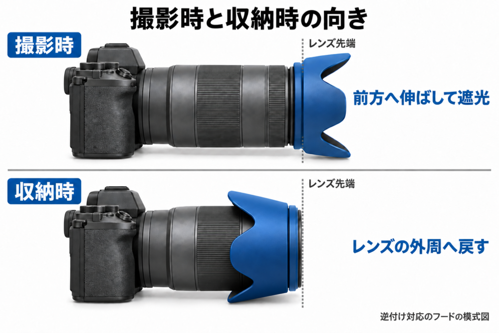 撮影時は前方へ伸び、逆付け収納ではレンズ外周へ戻るフードの向き
