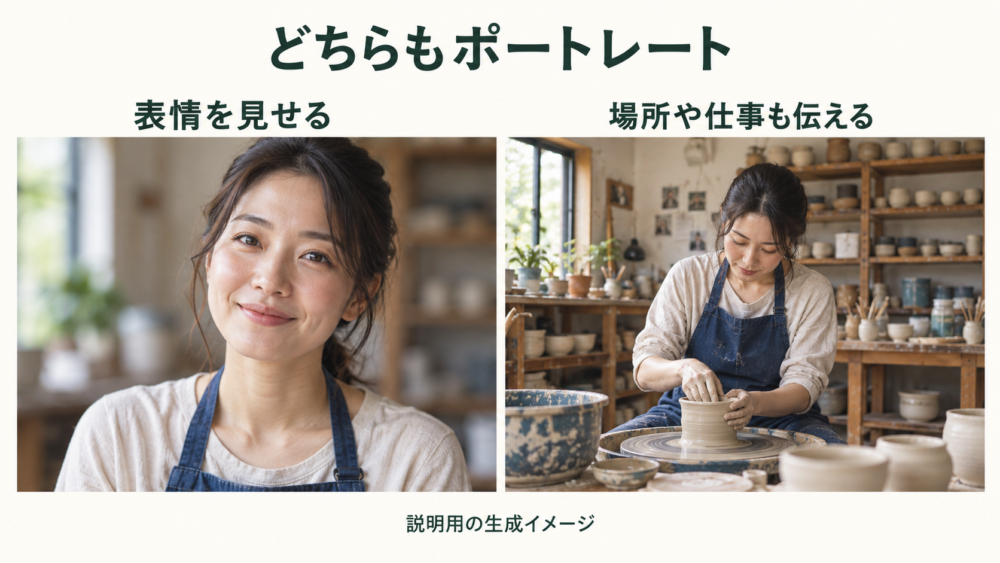 表情を中心にした人物写真と作業場を見せた人物写真