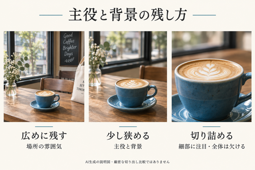 カップと周辺の情報を残す範囲を三段階で比較した説明図