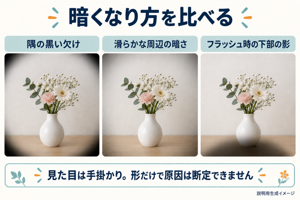 黒い弧状の欠け、滑らかな周辺の暗さ、フラッシュ時の下部の影を並べた比較図