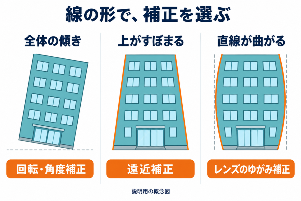 全体の傾き・上がすぼまる台形・直線の湾曲を比較した概念図