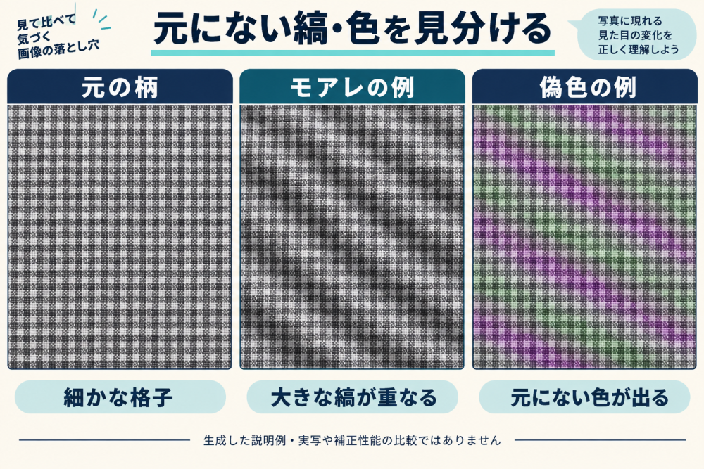細かな布の柄に大きな縞や偽色が加わる見え方の説明例