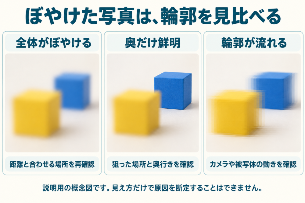ピンぼけ・奥行きのずれ・動きの見え方をどう見分けるかを示す概念図