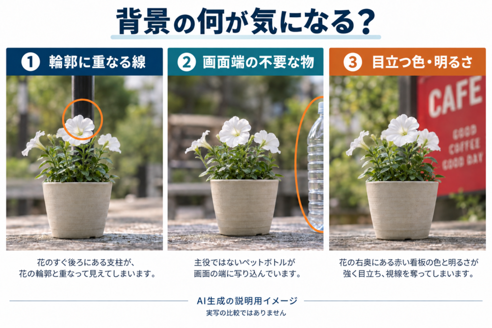 背景の問題を輪郭の重なり・画面端の物・目立つ色に分けた説明用作例