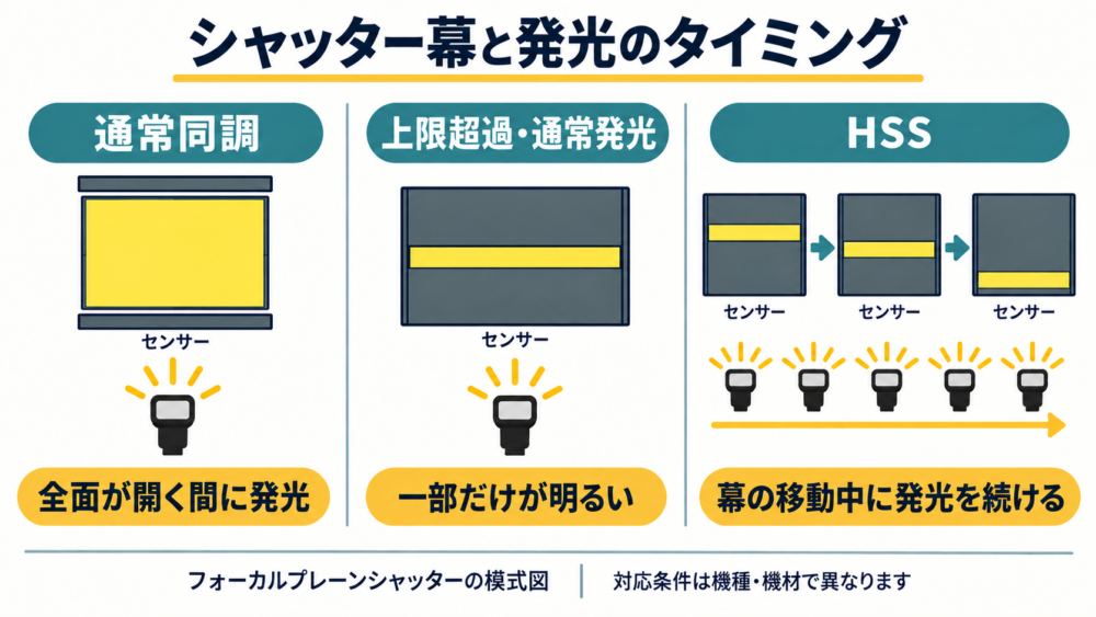通常同調・同調上限を超えた通常発光・HSSのタイミング比較