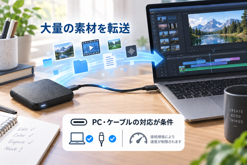 高速対応PCと黒いSSDの接続イメージ