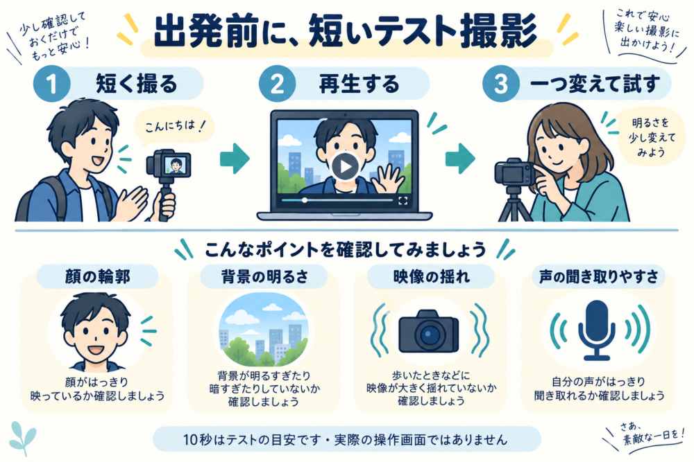 短いテスト動画を再生し顔・背景・揺れ・声を確認する手順