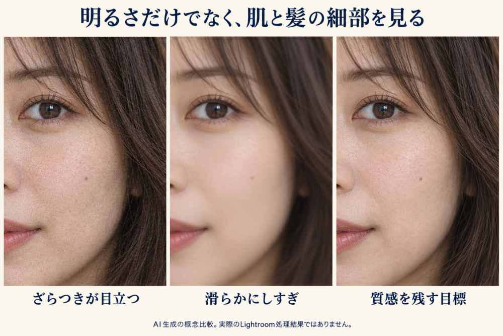 肌のざらつき、細部の消失、質感を確認するための概念比較