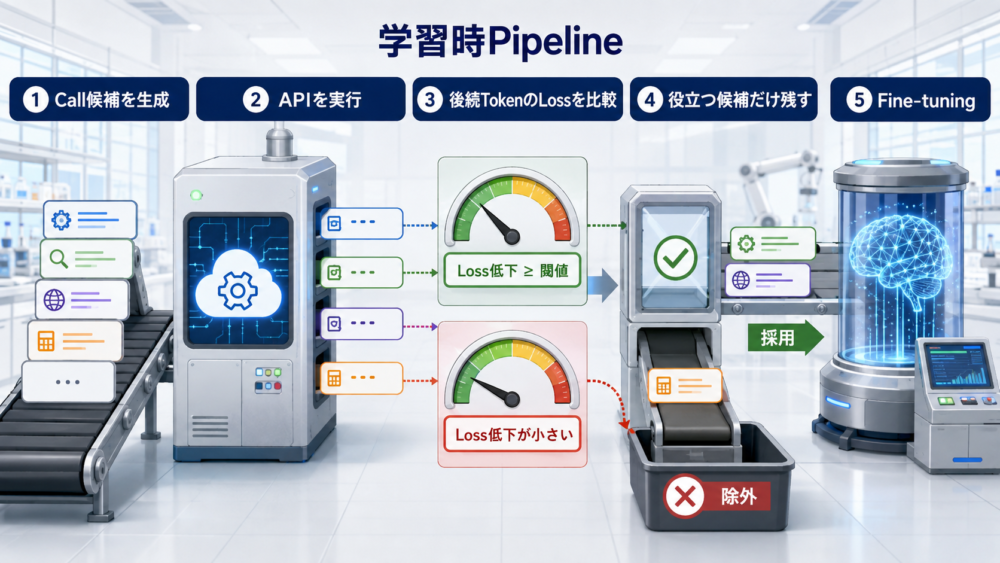 ToolformerがAPI call候補を実行しloss低下で選別して学習する流れ
