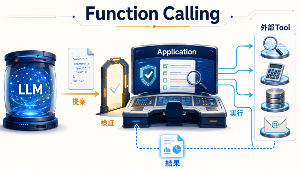 LLMのtool call提案をapplicationが検証して外部toolへ実行するFunction Callingの全体像