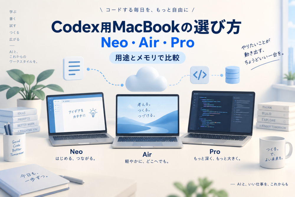 Codex用MacBookのNeo・Air・Proを用途とメモリで比較するイメージ