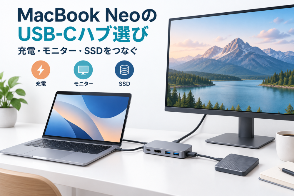 ノートPCとハブ、モニター、SSDの利用イメージ