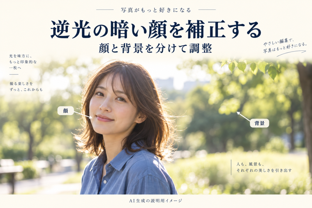 逆光の人物写真で顔と背景を分けて調整するイメージ
