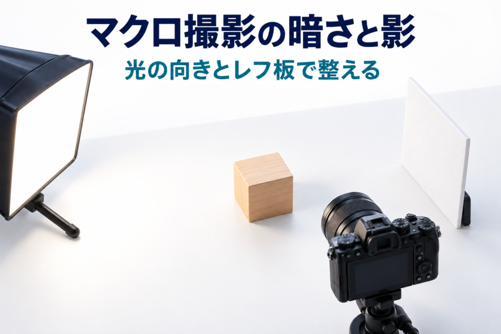 マクロ撮影の光源とレフ板と小物の配置を示すイメージ