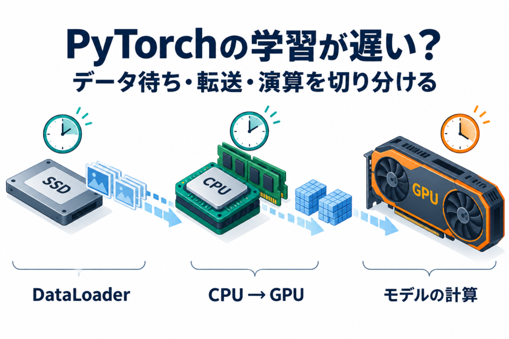 PyTorchのデータ待ち・転送・演算を切り分けるイメージ