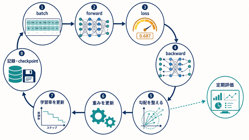 forwardからloss、backward、optimizer更新、評価へ進む学習ループ