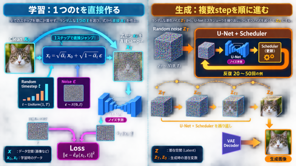 学習時の任意timestep samplingと生成時の反復denoisingの違い