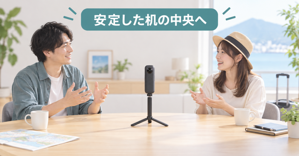 机の高さを利用するミニ三脚の設置を示す使用想定図