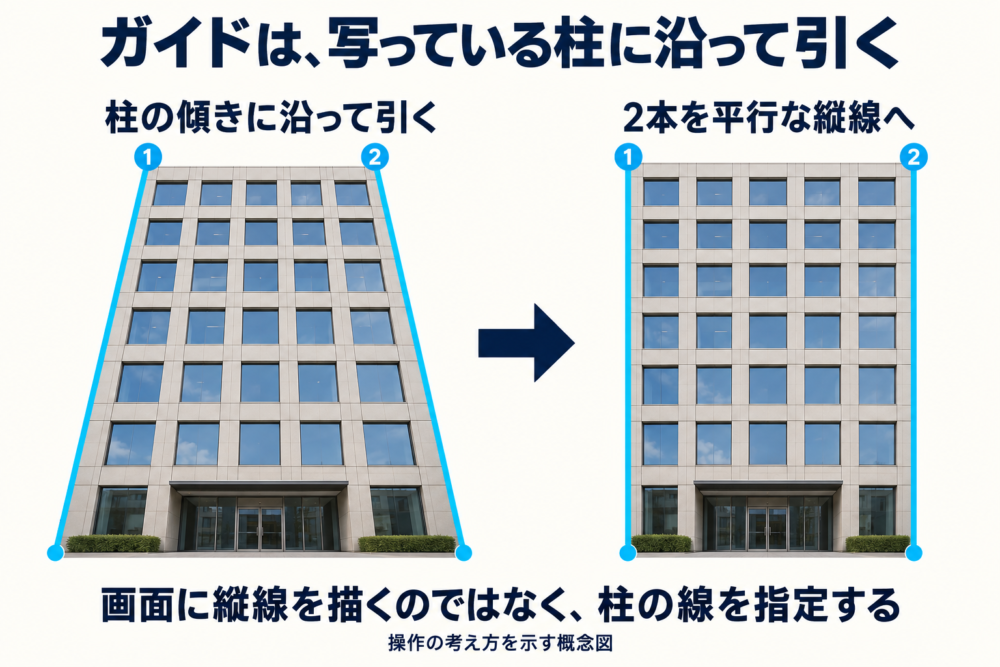 傾いた柱の縁に沿う2本のガイドと補正後の垂直線の対応