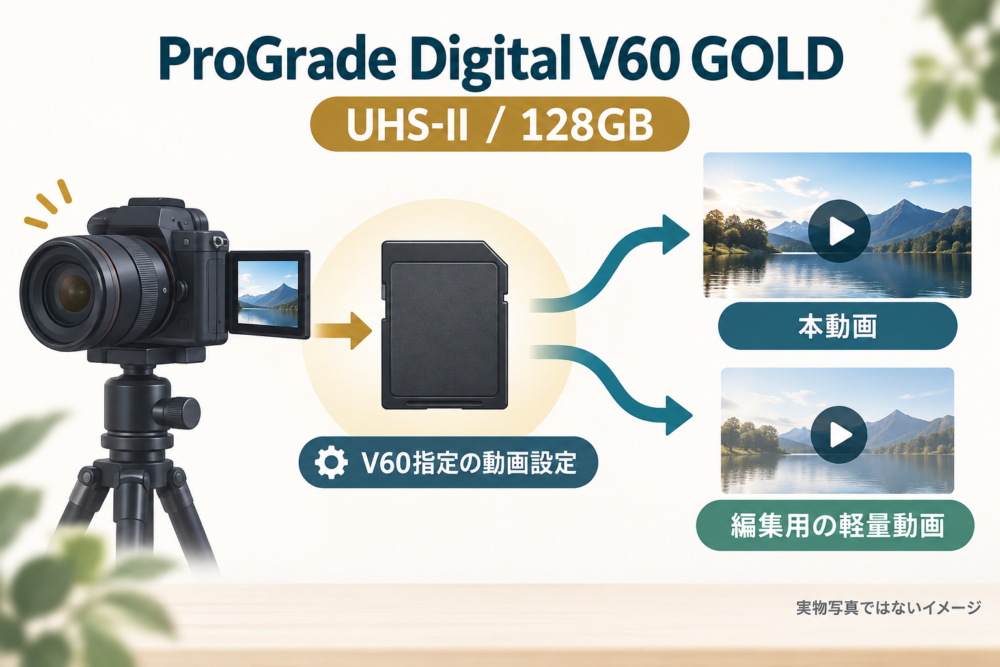 ProGrade V60 128GBと本動画・プロキシー記録の用途イメージ