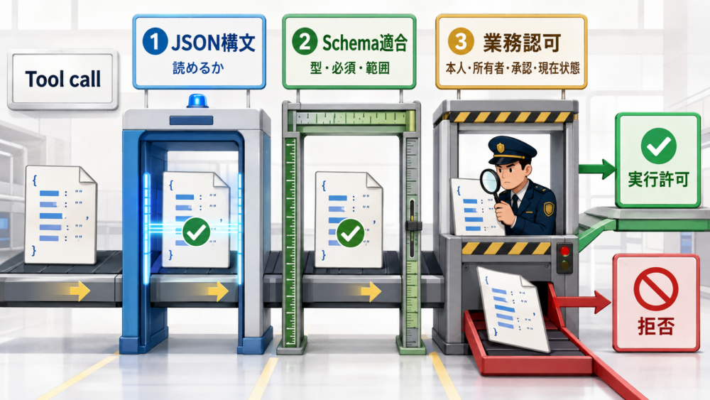 Tool callをJSON構文、Schema適合、業務認可の3段階で検証する図