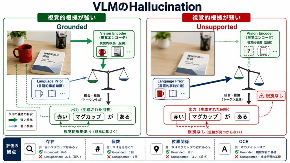 画像の視覚証拠が弱いときに言語priorが強まり根拠のない回答が生じるVLM hallucination