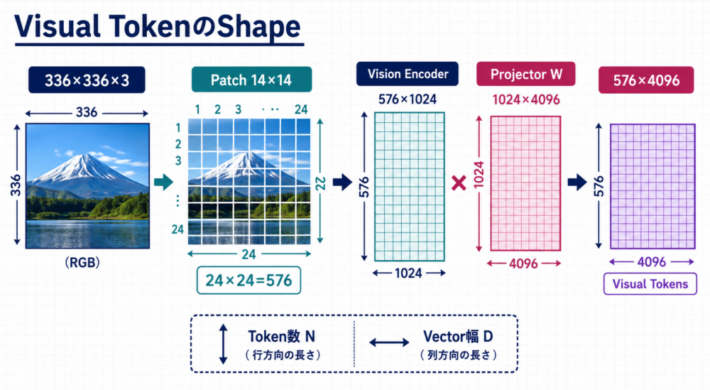 336×336画像を576個の視覚特徴へ変換しProjectorでLLM次元へ射影するtensor shape