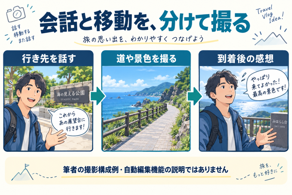 会話と移動の映像を分けてつなぐ旅行Vlogの撮影構成例