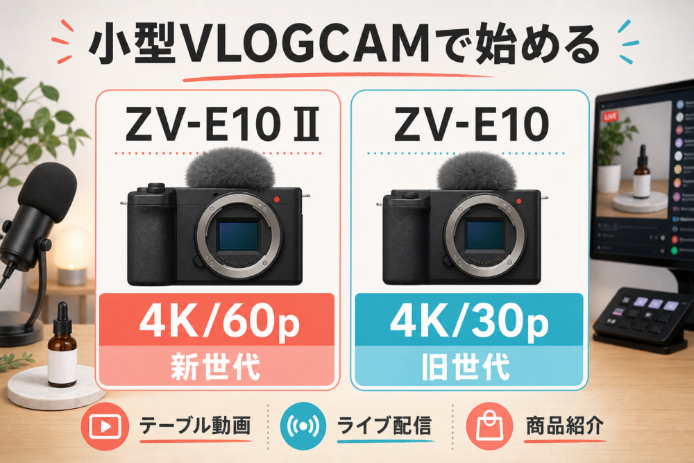 ZV-E10 IIとZV-E10のVlog用途と動画仕様を表す独自生成比較イメージ