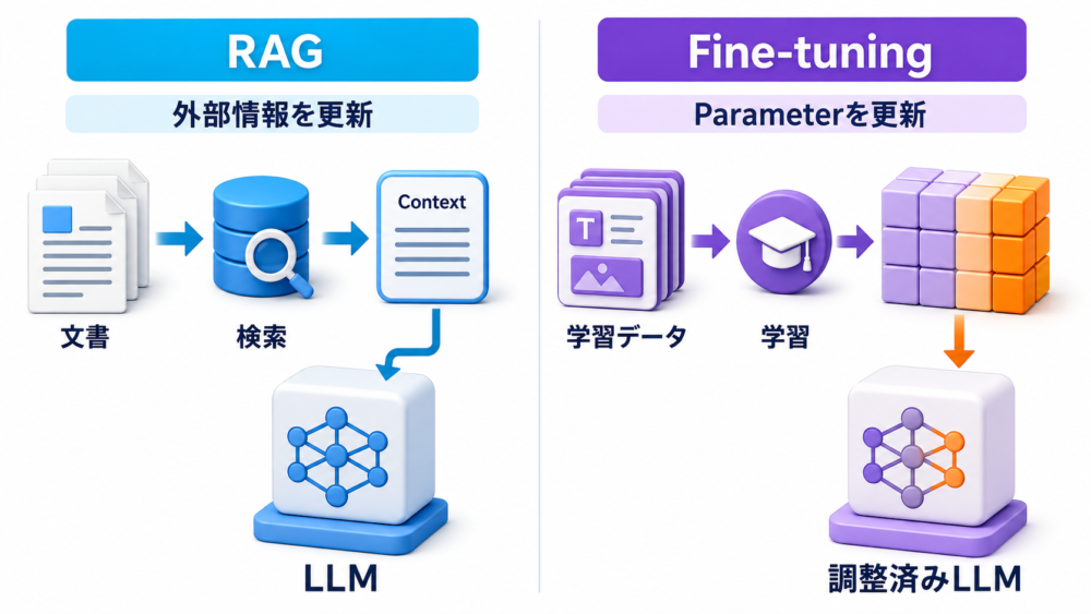 RAGは外部indexとcontextを変え、ファインチューニングはmodel parameterを変える