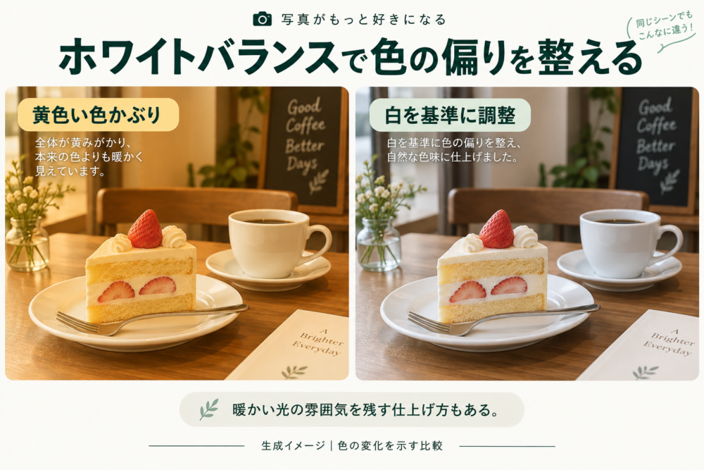 白い皿の黄色い色かぶりを調整する方向を示す生成例
