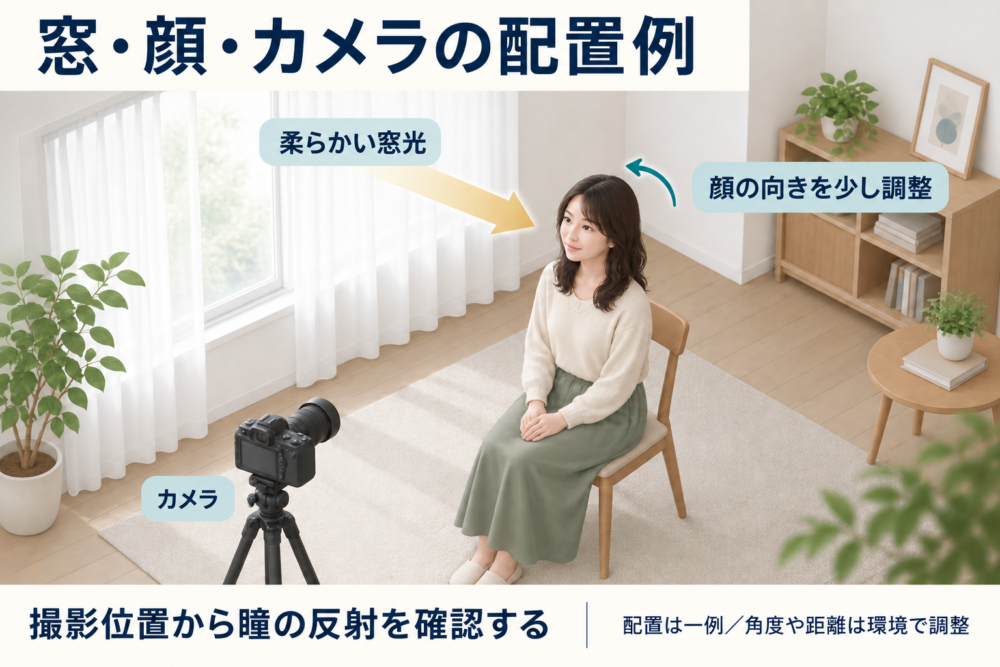 窓を斜め前にして顔と撮影位置を調整する配置例