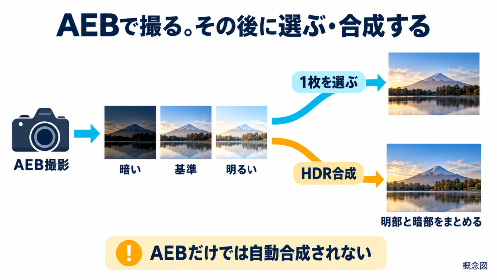 AEBで撮った露出違いの素材から1枚を選ぶ経路とHDR合成する経路