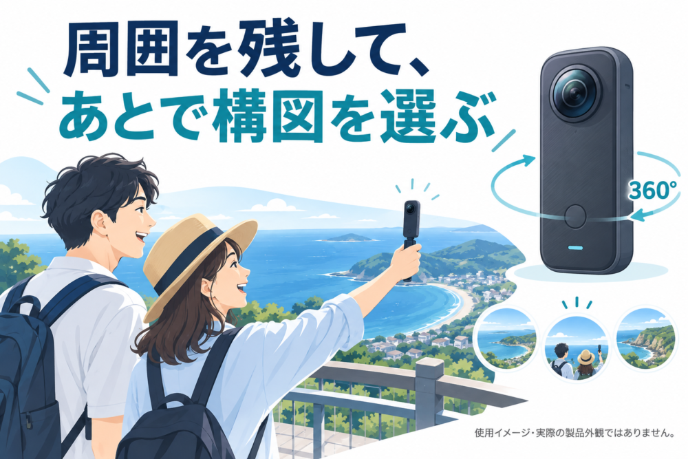 360度カメラで同行者と海の景色を記録する使用イメージ