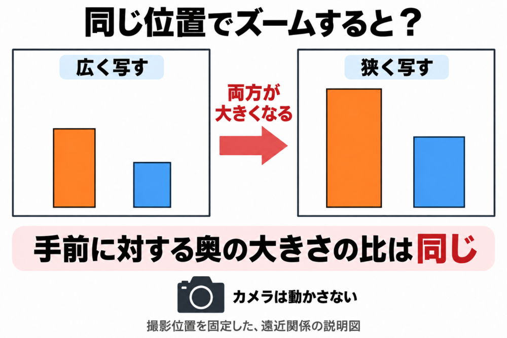 固定視点では手前と奥が一緒に大きくなり、相対的な高さが変わらない図