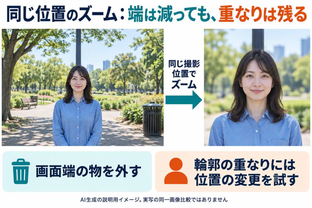 同じ位置のズームでは周辺が切れても主役と柱の重なりは残る説明用比較