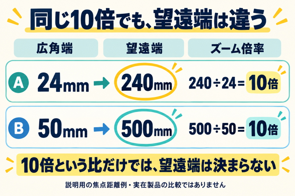同じ10倍で、望遠端が違うのはなぜかを示す概念図