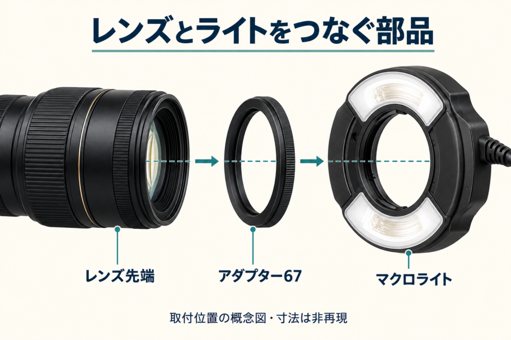 レンズ先端とマクロライトの間にアダプター67を置く取付位置の概念図