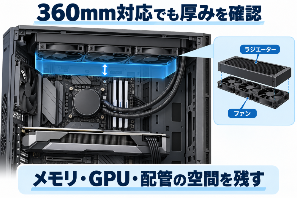 ラジエーターとファンの厚み・GPU・配管の配置を説明する概念イメージ
