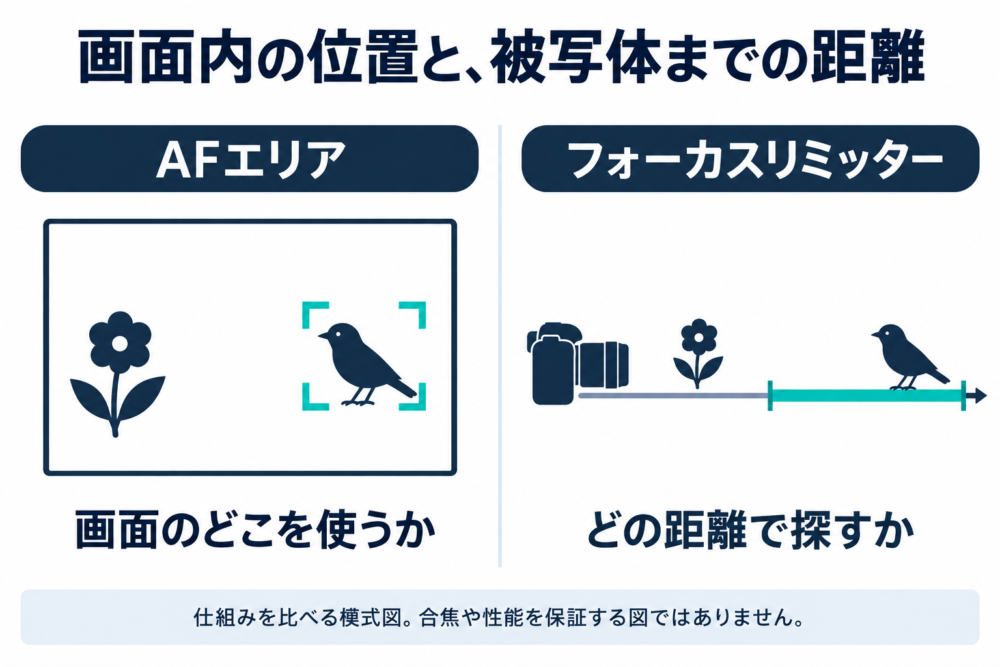 AFエリアは画面内の位置、フォーカスリミッターは被写体までの距離を選ぶ比較模式図