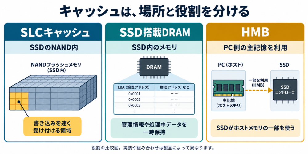 SLCキャッシュ・DRAM・HMBの場所と役割