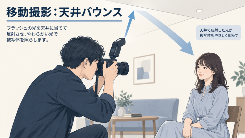 カメラ上のストロボを天井へ向けてバウンスする用途イメージ