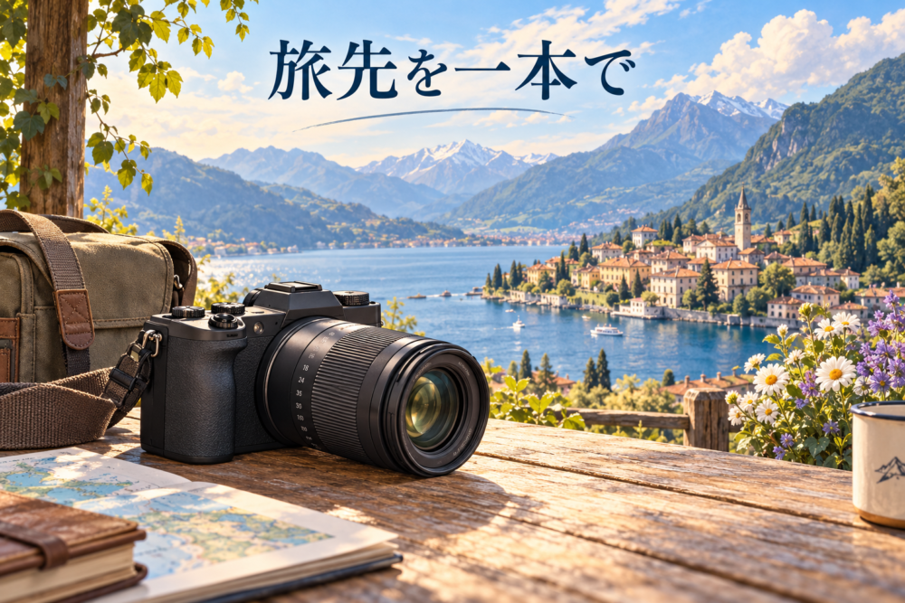 旅行バッグと高倍率ズーム付きミラーレス、近景と遠景の用途イメージ