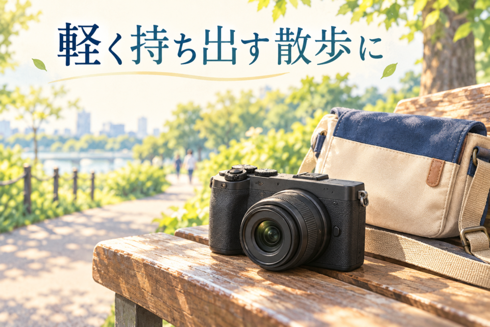 小型の収納状態の標準ズーム付きカメラと散歩用バッグのイメージ