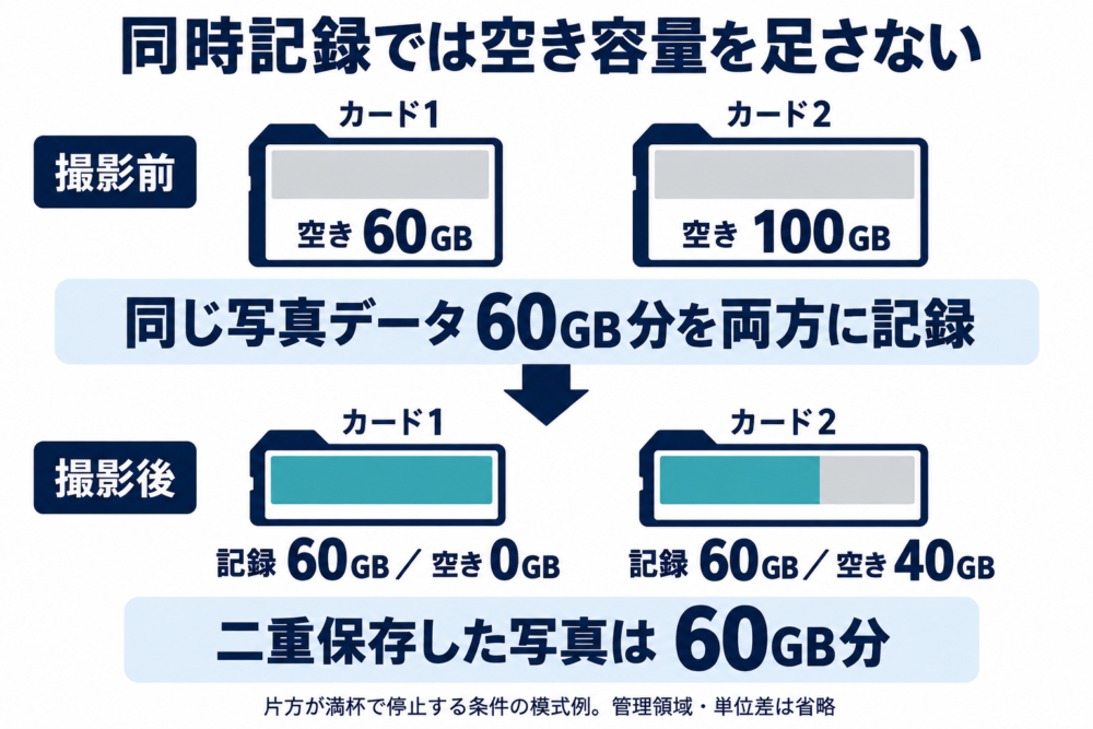 空き60GBと100GBのカードに同じ60GB分を保存すると片方が満杯になる模式例