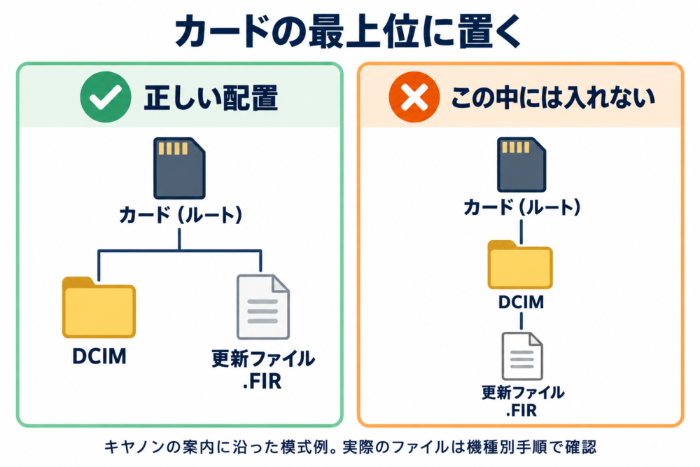 Canonのカード方式で更新ファイルをDCIMと同じ階層へ置く正しい例と、DCIM内に入れた誤った例