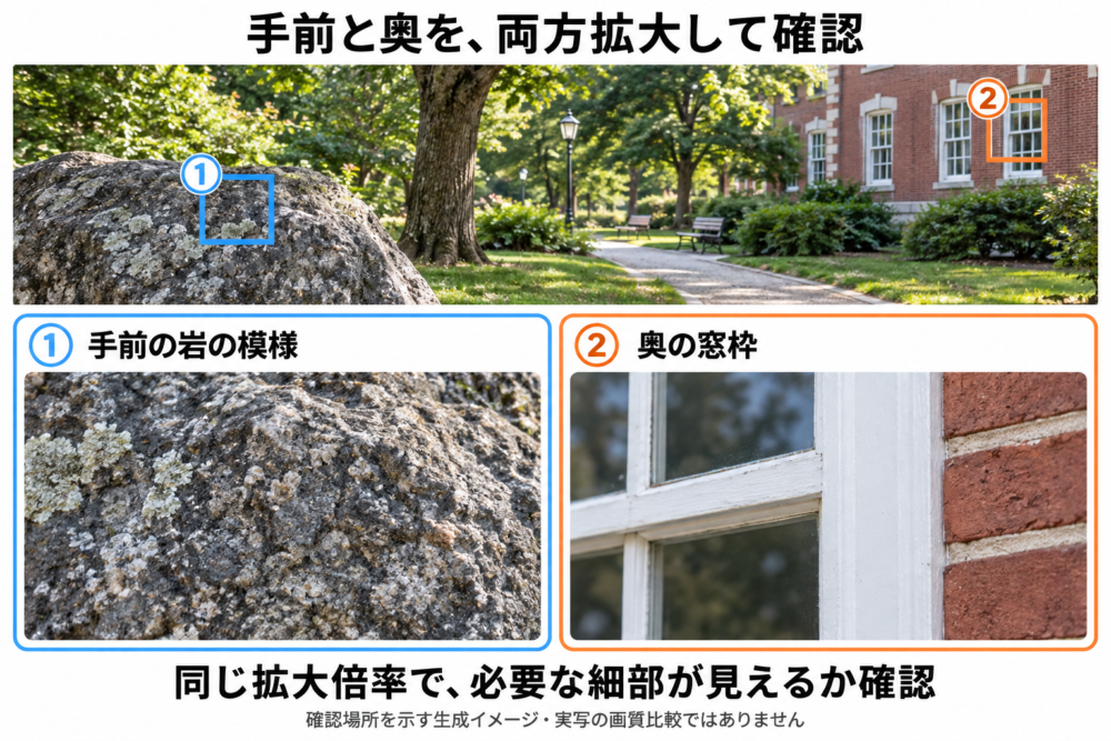 公園の写真風生成作例に手前の岩と奥の窓の確認枠。下にそれぞれの細部を描いた概念拡大イメージ。実際のトリミングや画質測定とはしない。