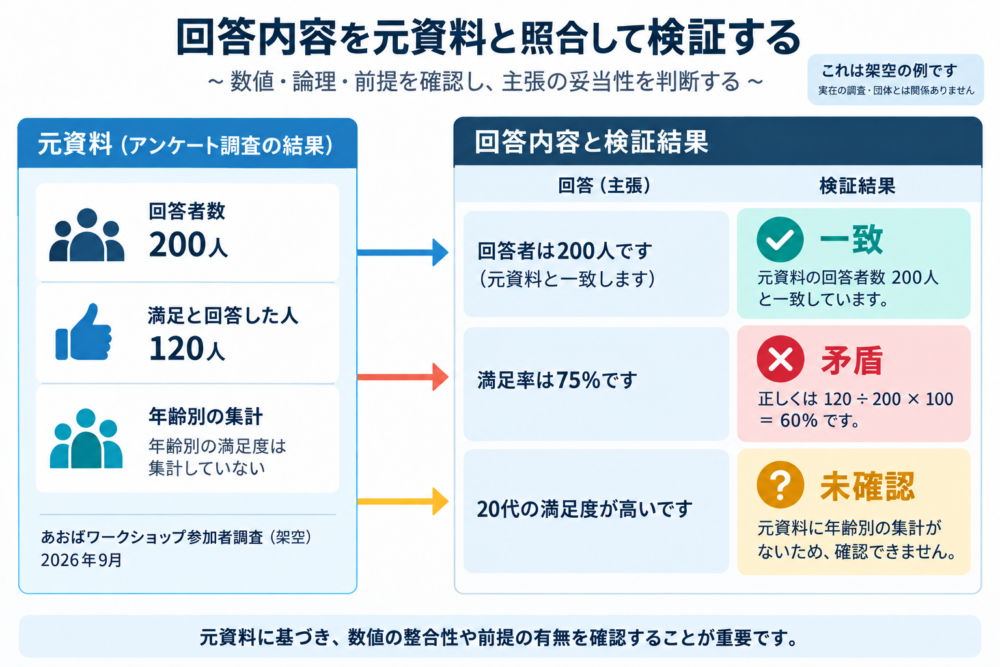 回答者200人・満足120人から60%を計算し、75%は矛盾、20代の傾向は未確認と分ける架空例