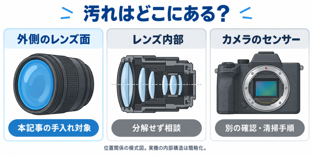 外側のレンズ面、レンズ内部、カメラのセンサーを分けた清掃対象の模式図