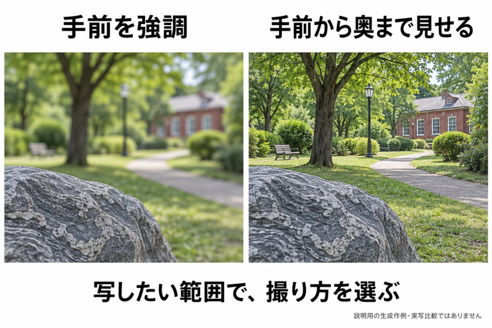 同じ公園の構図を左右で比較。手前の岩、途中の木、奥の建物。左は岩のみ鮮明で木と建物はぼける。右は岩・木・建物すべての形と細部が分かる生成作例。